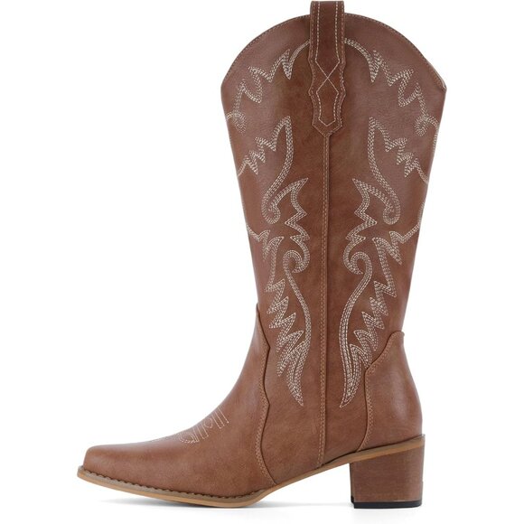 ⚡Women's Wheat Pointy Toe Mid Calf Embroidery Western Cowgirl Boots Pull On - Picture 3 of 4